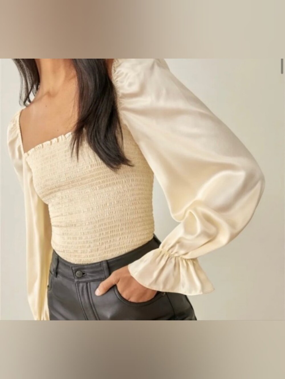 Reformation Cream Smocked Silk Puff Sleeve Top Size Small
